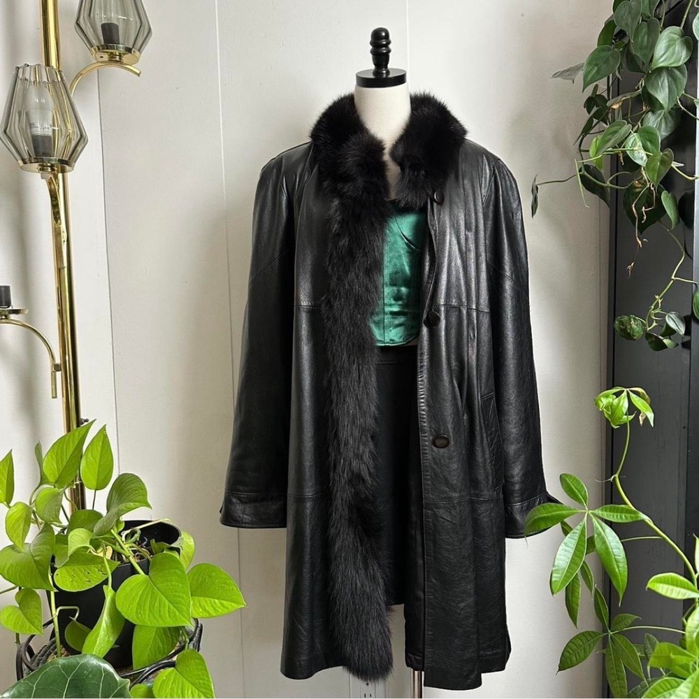 PD Fashions Black Leather Trench Coat Fox Fur Trim Vintage Oversized L XL